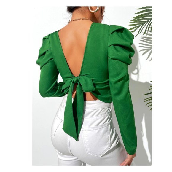 SHEIN Gigot Sleeve Drawstring Back Crop Shirt in Green Size M NWT - Picture 3 of 7